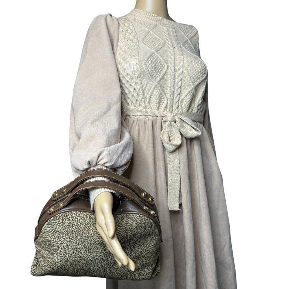 Borbonese Redwall Brown Tan Suede Leather Double Top Handle Bag Quail pattern - Picture 3 of 15